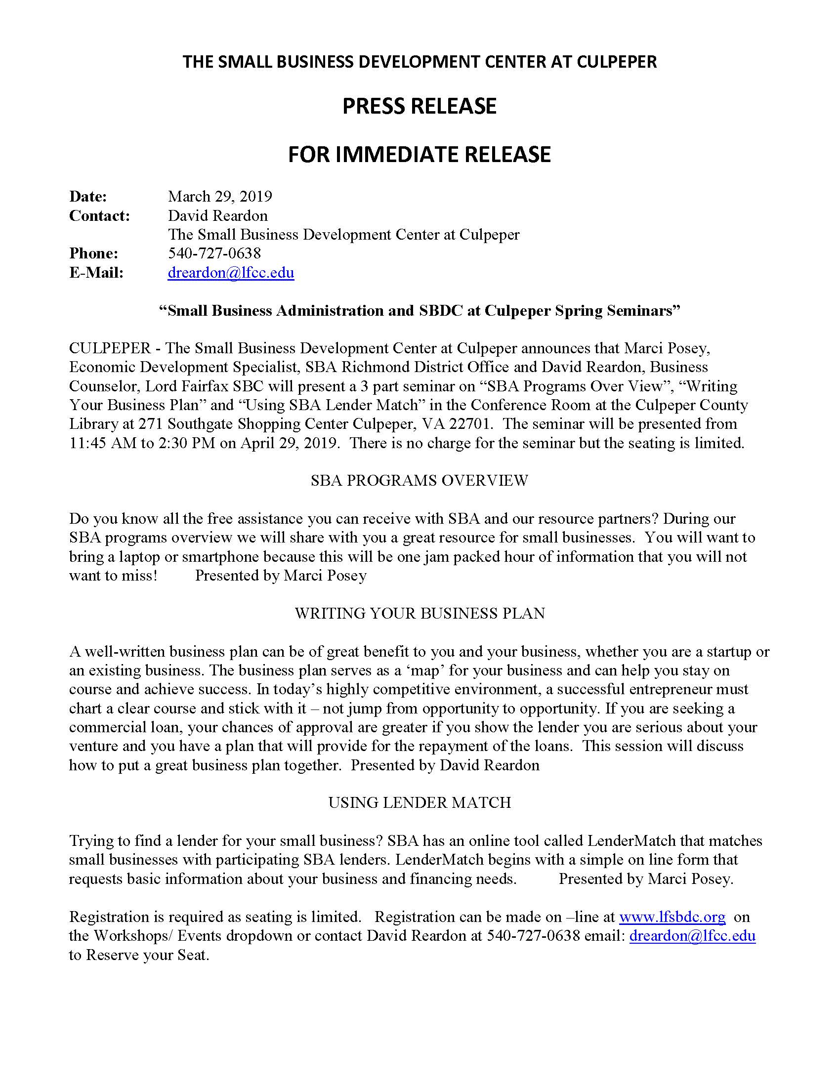 Spring Seminar Press release